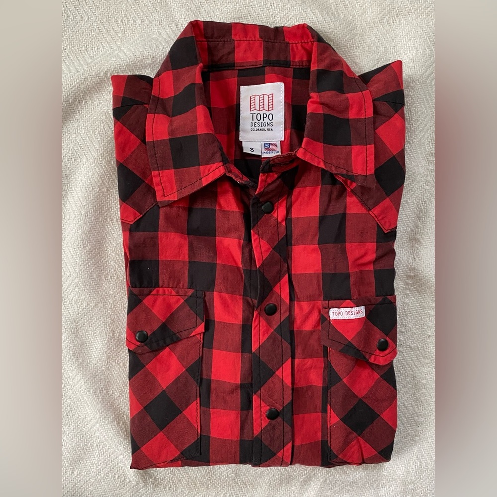 Topo Designs red buffalo plaid button up